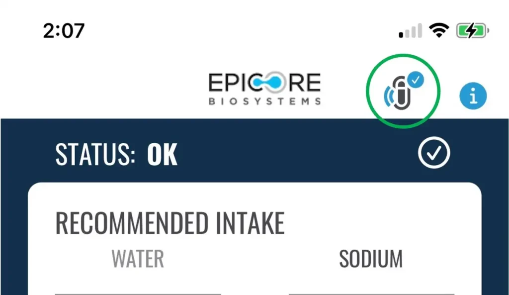 Connected Hydration FAQ - Epicore Biosystems 8 Epicore Biosystems app showing connected module & intake status